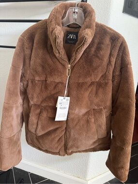 ZARA Plush Faux-Fur Bomber Jacket in Brown